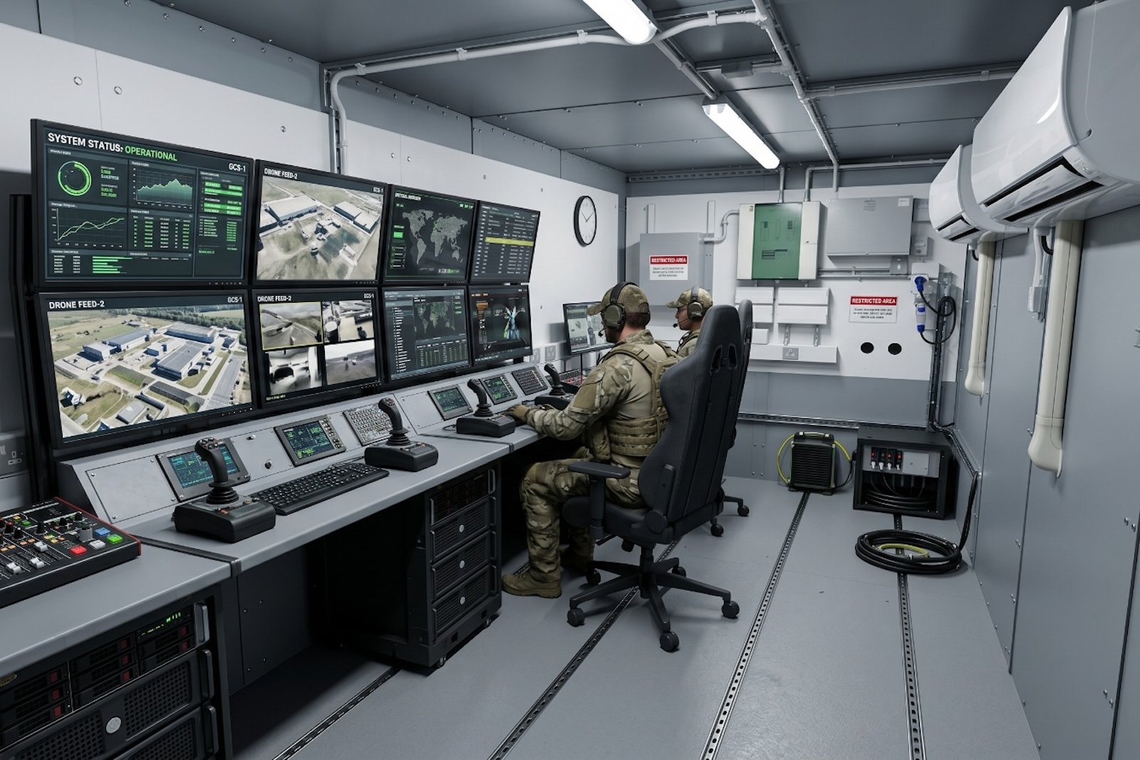 An AI generated image depicts a secure ground control station; real image not shown for client confidentiality.